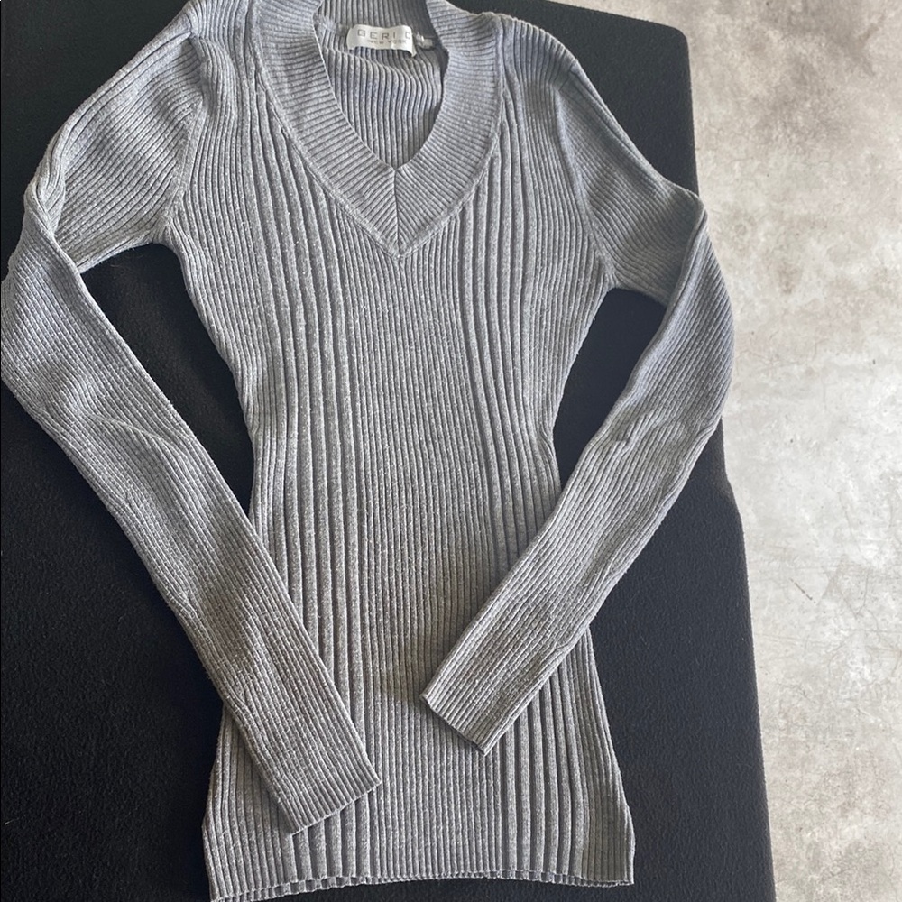 CAbi Gray V-Neck Sweater with Ribbed Detail